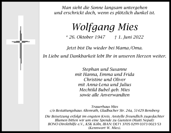 Anzeige von Wolfgang Mies von Kölner Stadt-Anzeiger / Kölnische Rundschau / Express