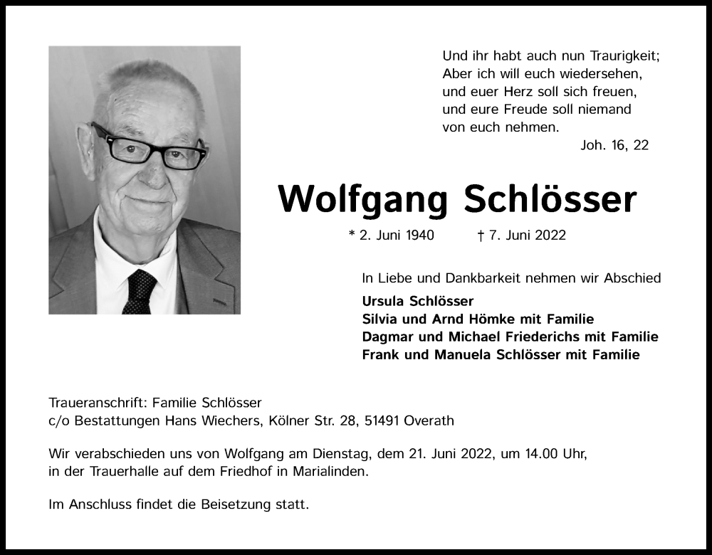  Traueranzeige für Wolfgang Schlösser vom 18.06.2022 aus Kölner Stadt-Anzeiger / Kölnische Rundschau / Express