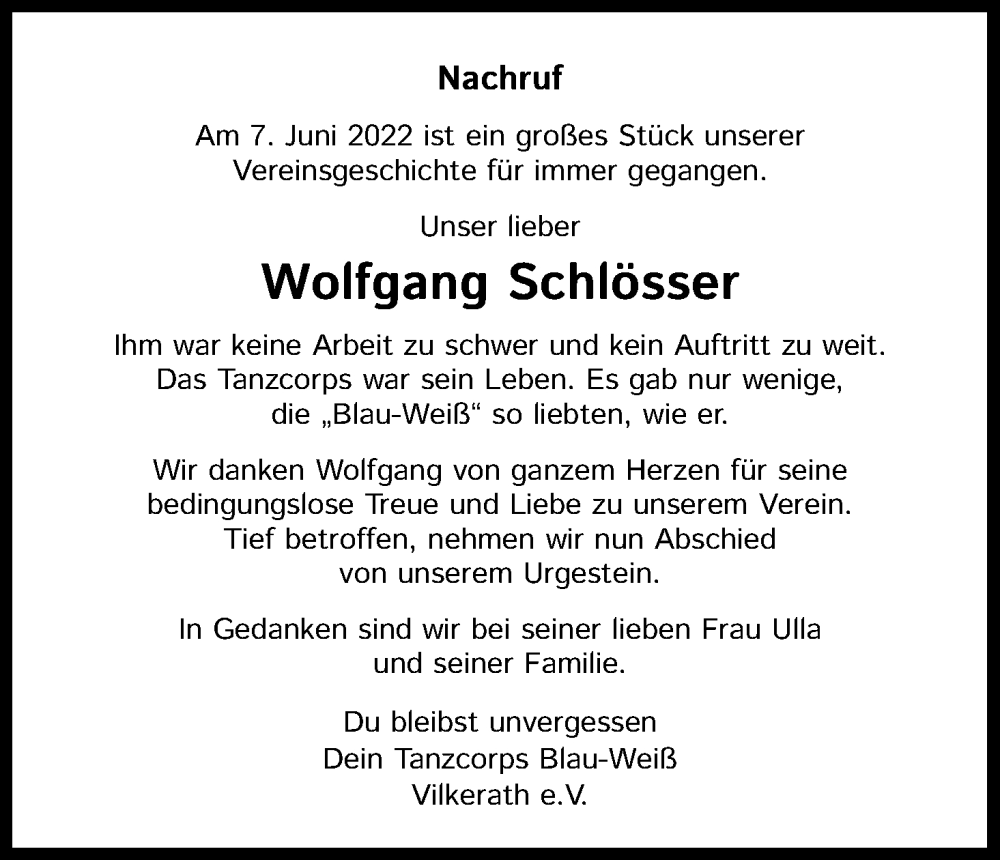  Traueranzeige für Wolfgang Schlösser vom 18.06.2022 aus Kölner Stadt-Anzeiger / Kölnische Rundschau / Express