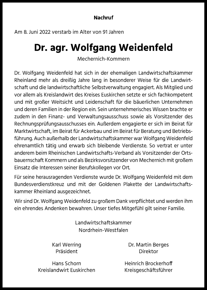  Traueranzeige für Wolfgang Weidenfeld vom 16.06.2022 aus Kölner Stadt-Anzeiger / Kölnische Rundschau / Express