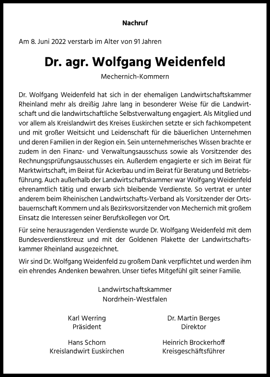 Anzeige von Wolfgang Weidenfeld von Kölner Stadt-Anzeiger / Kölnische Rundschau / Express