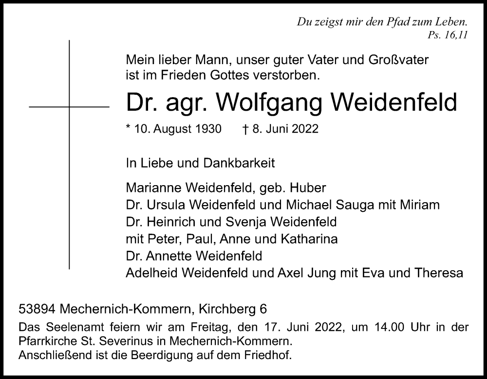  Traueranzeige für Wolfgang Weidenfeld vom 13.06.2022 aus Kölner Stadt-Anzeiger / Kölnische Rundschau / Express