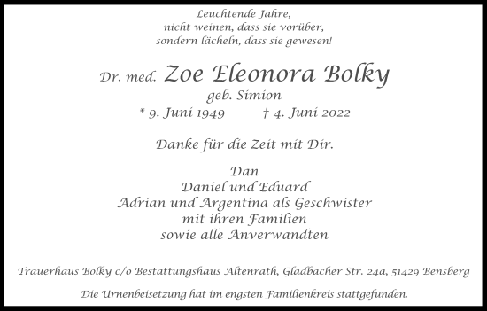 Anzeige von Zoe Eleonora Bolky von Kölner Stadt-Anzeiger / Kölnische Rundschau / Express