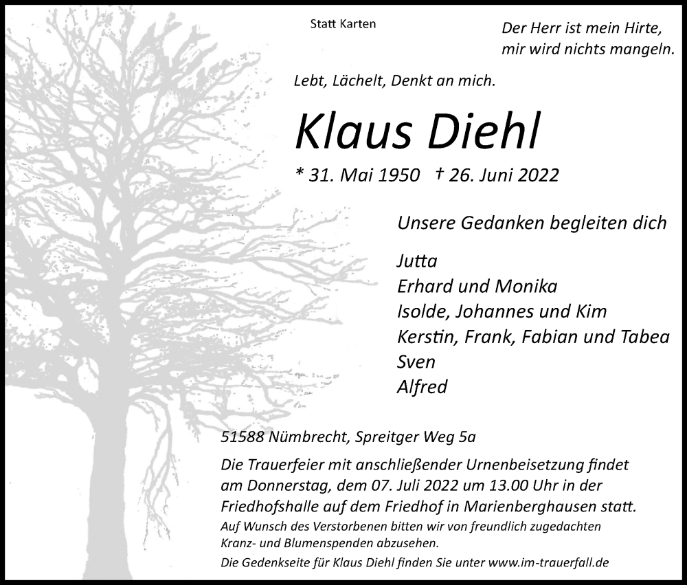  Traueranzeige für Klaus Diehl vom 02.07.2022 aus Kölner Stadt-Anzeiger / Kölnische Rundschau / Express