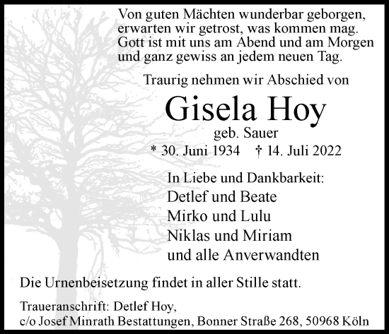 Anzeige von Gisela Hoy von Kölner Stadt-Anzeiger / Kölnische Rundschau / Express
