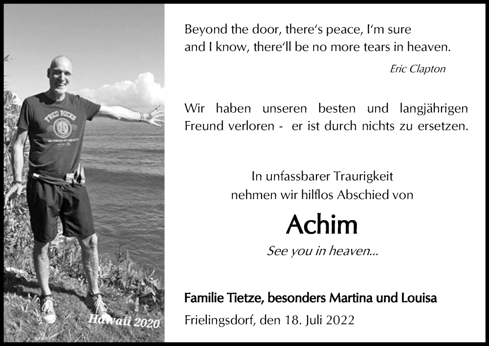  Traueranzeige für Achim  vom 30.07.2022 aus Kölner Stadt-Anzeiger / Kölnische Rundschau / Express