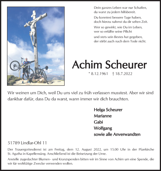 Anzeige von Achim Scheurer von Kölner Stadt-Anzeiger / Kölnische Rundschau / Express