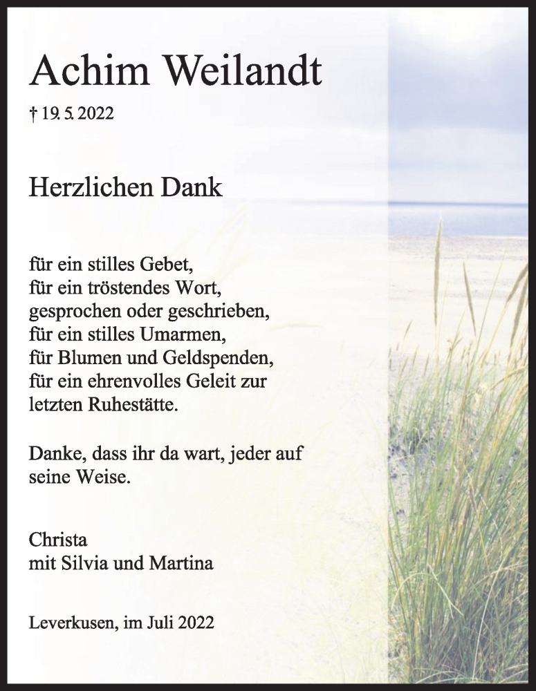  Traueranzeige für Achim Weilandt vom 02.07.2022 aus Kölner Stadt-Anzeiger / Kölnische Rundschau / Express