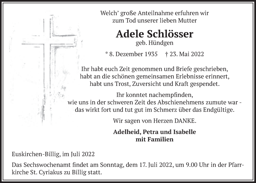  Traueranzeige für Adele Schlösser vom 09.07.2022 aus  Blickpunkt Euskirchen 