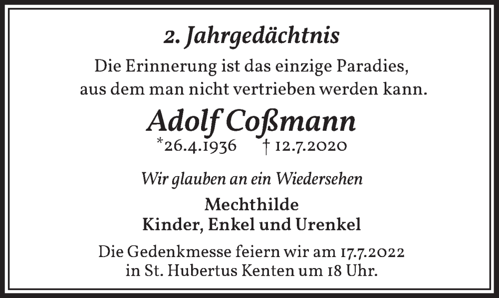  Traueranzeige für Adolf Coßmann vom 08.07.2022 aus  Werbepost 
