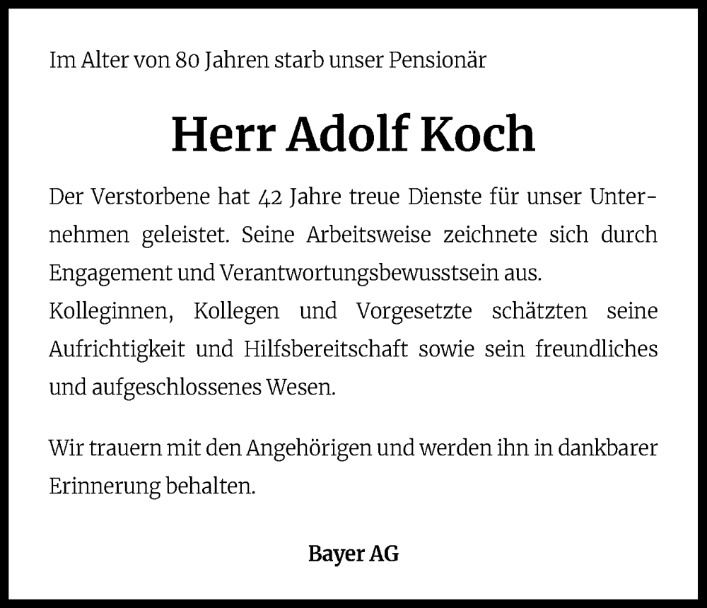  Traueranzeige für Adolf Koch vom 22.07.2022 aus Kölner Stadt-Anzeiger / Kölnische Rundschau / Express