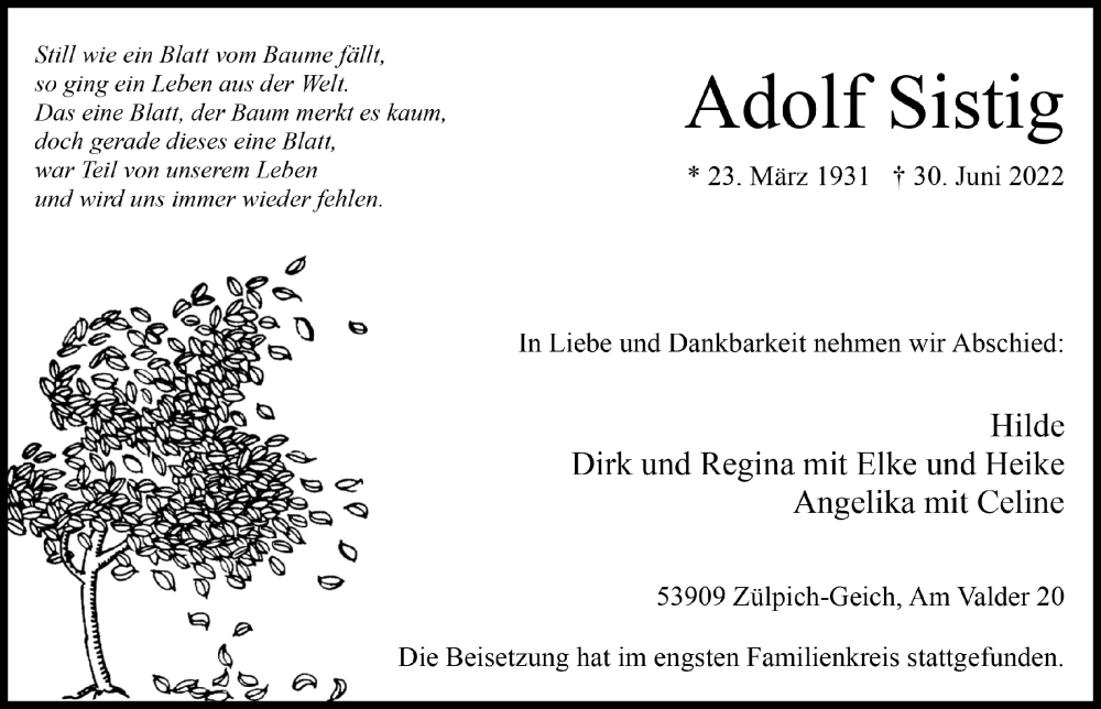  Traueranzeige für Adolf Sistig vom 09.07.2022 aus  Blickpunkt Euskirchen 
