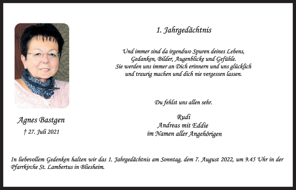  Traueranzeige für Agnes Bastgen vom 29.07.2022 aus  Werbepost 