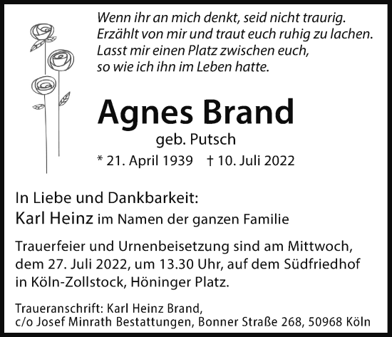 Anzeige von Agnes Brand von Kölner Stadt-Anzeiger / Kölnische Rundschau / Express