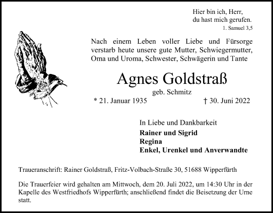 Anzeige von Agnes Goldstraß von Kölner Stadt-Anzeiger / Kölnische Rundschau / Express