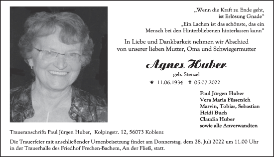 Anzeige von Agnes Huber von  Wochenende 