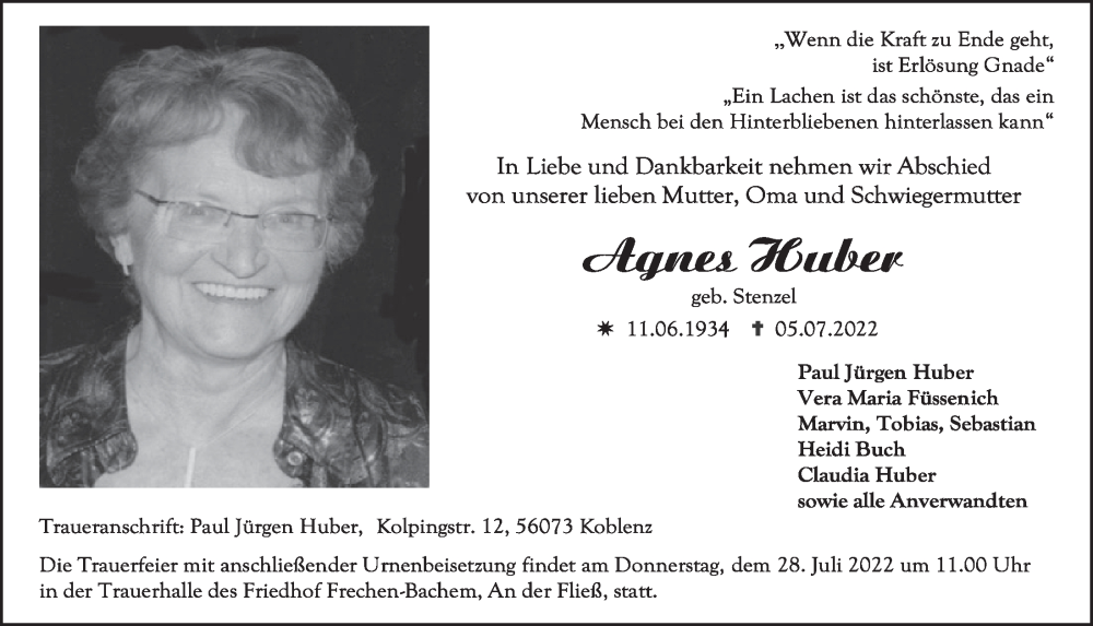  Traueranzeige für Agnes Huber vom 15.07.2022 aus  Wochenende 