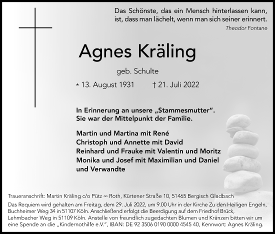 Anzeige von Agnes Kräling von Kölner Stadt-Anzeiger / Kölnische Rundschau / Express