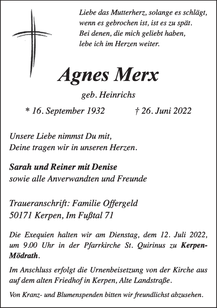  Traueranzeige für Agnes Mex vom 08.07.2022 aus  Werbepost 