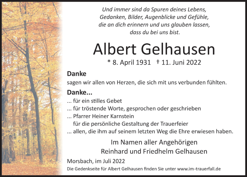  Traueranzeige für Albert Gelhausen vom 29.07.2022 aus  Lokalanzeiger 