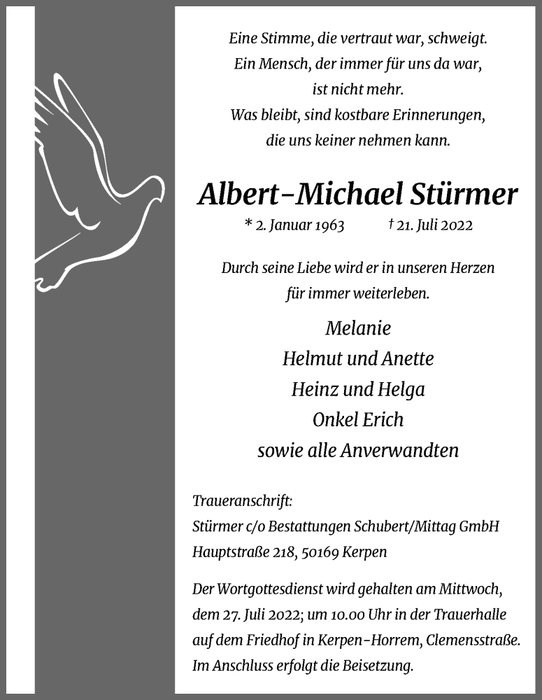  Traueranzeige für Albert-Michael Stürmer vom 25.07.2022 aus Kölner Stadt-Anzeiger / Kölnische Rundschau / Express