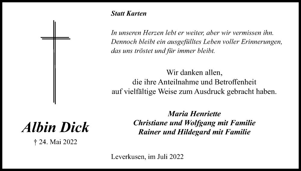  Traueranzeige für Albin Dick vom 23.07.2022 aus Kölner Stadt-Anzeiger / Kölnische Rundschau / Express