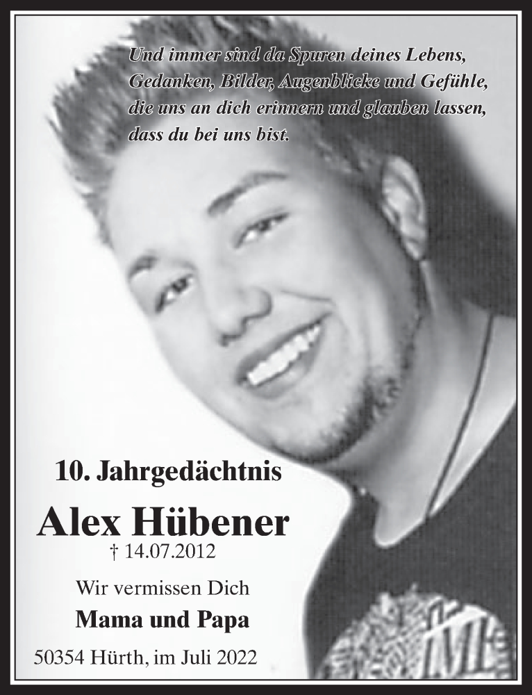  Traueranzeige für Alex Hübener vom 15.07.2022 aus  Wochenende 