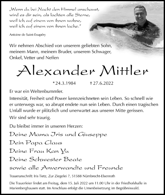 Anzeige von Alexander Mittler von  Anzeigen Echo  Lokalanzeiger 