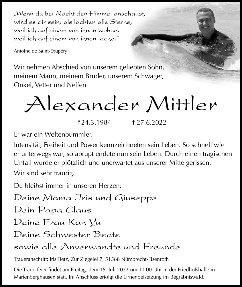  Traueranzeige für Alexander Mittler vom 08.07.2022 aus  Anzeigen Echo  Lokalanzeiger 