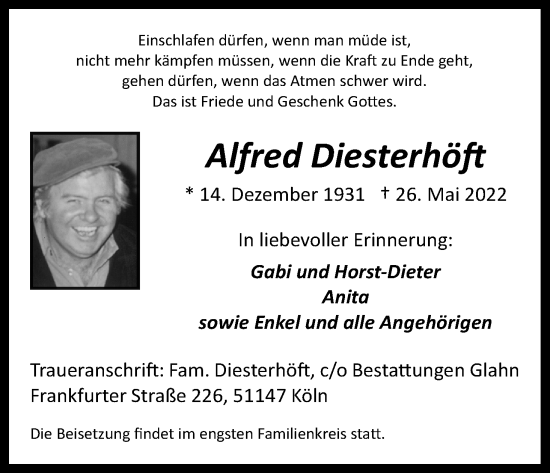 Anzeige von Alfred Diesterhöft von Kölner Stadt-Anzeiger / Kölnische Rundschau / Express