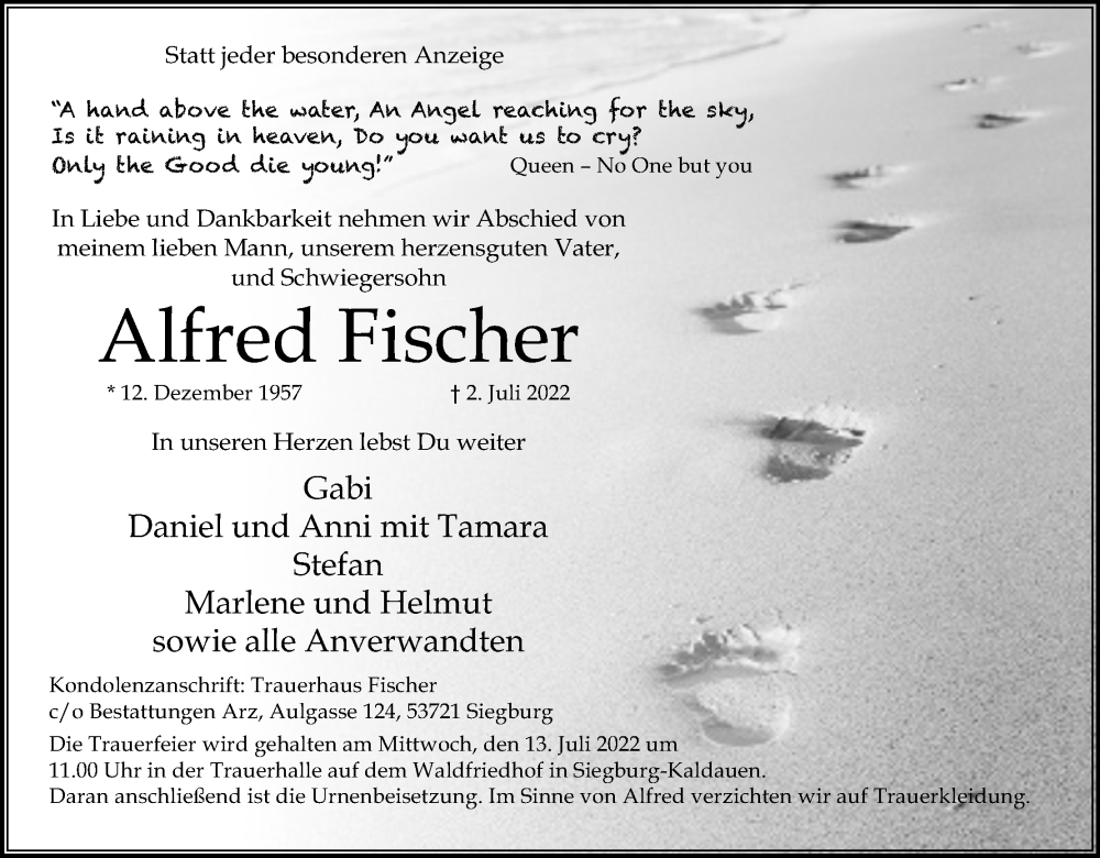  Traueranzeige für Alfred Fischer vom 09.07.2022 aus Kölner Stadt-Anzeiger / Kölnische Rundschau / Express