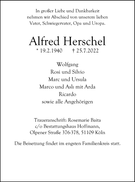 Anzeige von Alfred Herschel von Kölner Stadt-Anzeiger / Kölnische Rundschau / Express