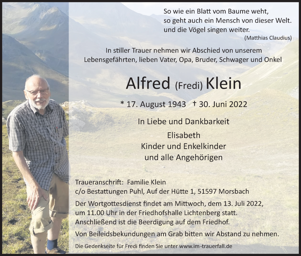  Traueranzeige für Alfred Klein vom 11.07.2022 aus Kölner Stadt-Anzeiger / Kölnische Rundschau / Express