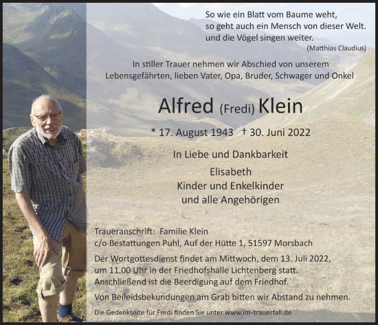 Anzeige von Alfred Klein von  Anzeigen Echo 