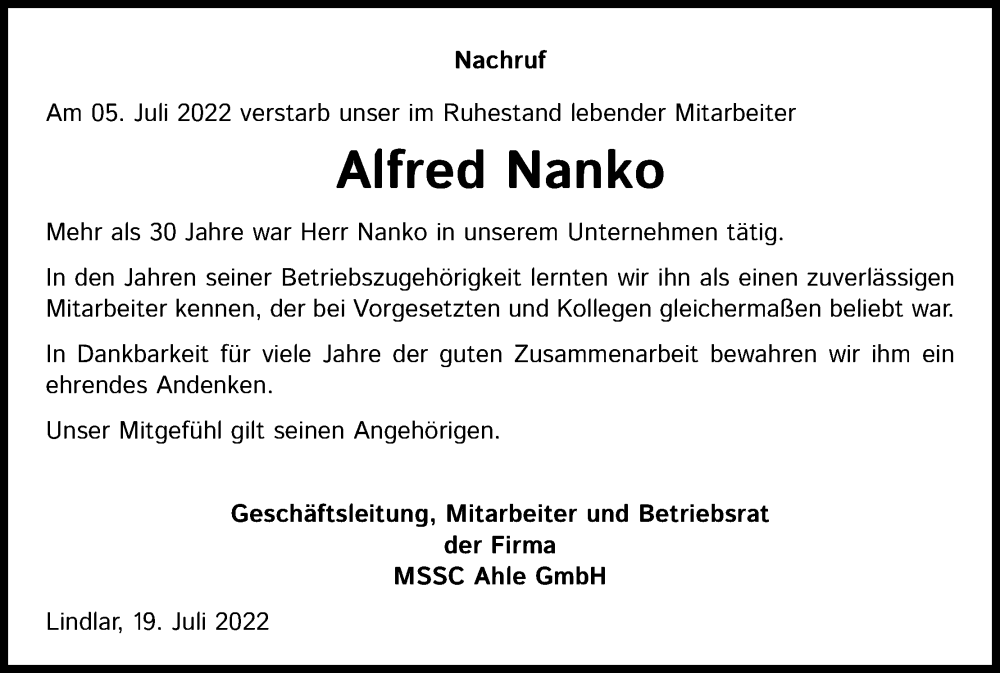  Traueranzeige für Alfred Nanko vom 23.07.2022 aus Kölner Stadt-Anzeiger / Kölnische Rundschau / Express