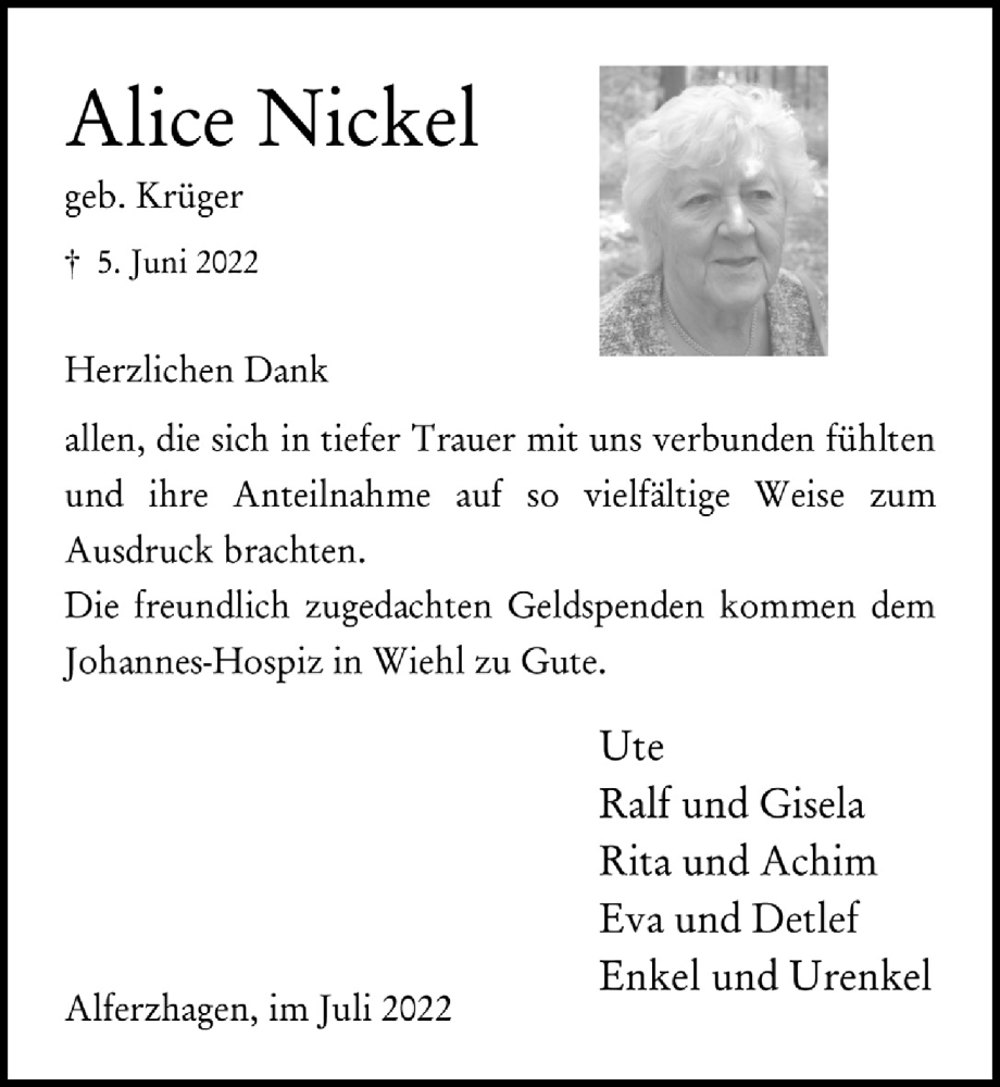  Traueranzeige für Alice Nickel vom 22.07.2022 aus  Anzeigen Echo 
