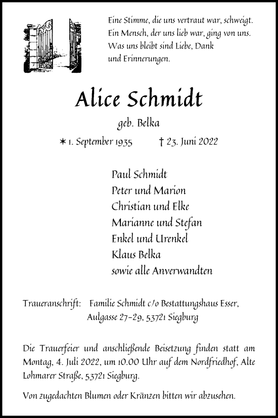 Anzeige von Alice Schmidt von Kölner Stadt-Anzeiger / Kölnische Rundschau / Express