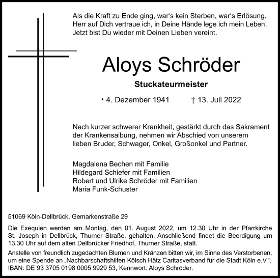 Anzeige von Aloys Schröder von Kölner Stadt-Anzeiger / Kölnische Rundschau / Express