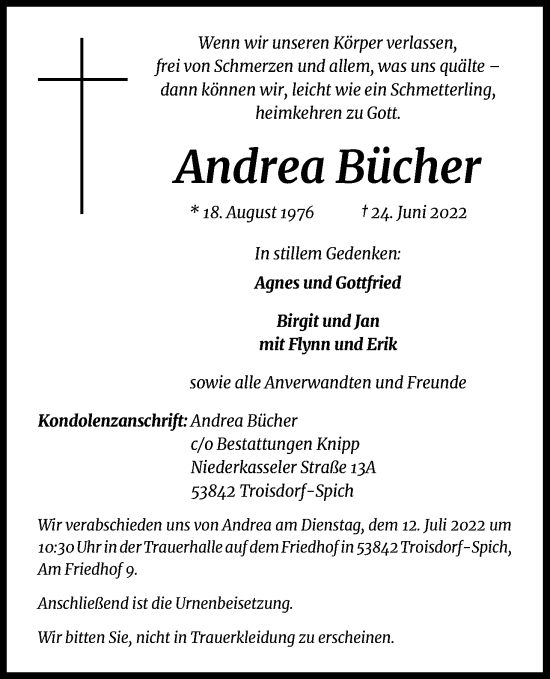Anzeige von Andrea Bücher von Kölner Stadt-Anzeiger / Kölnische Rundschau / Express