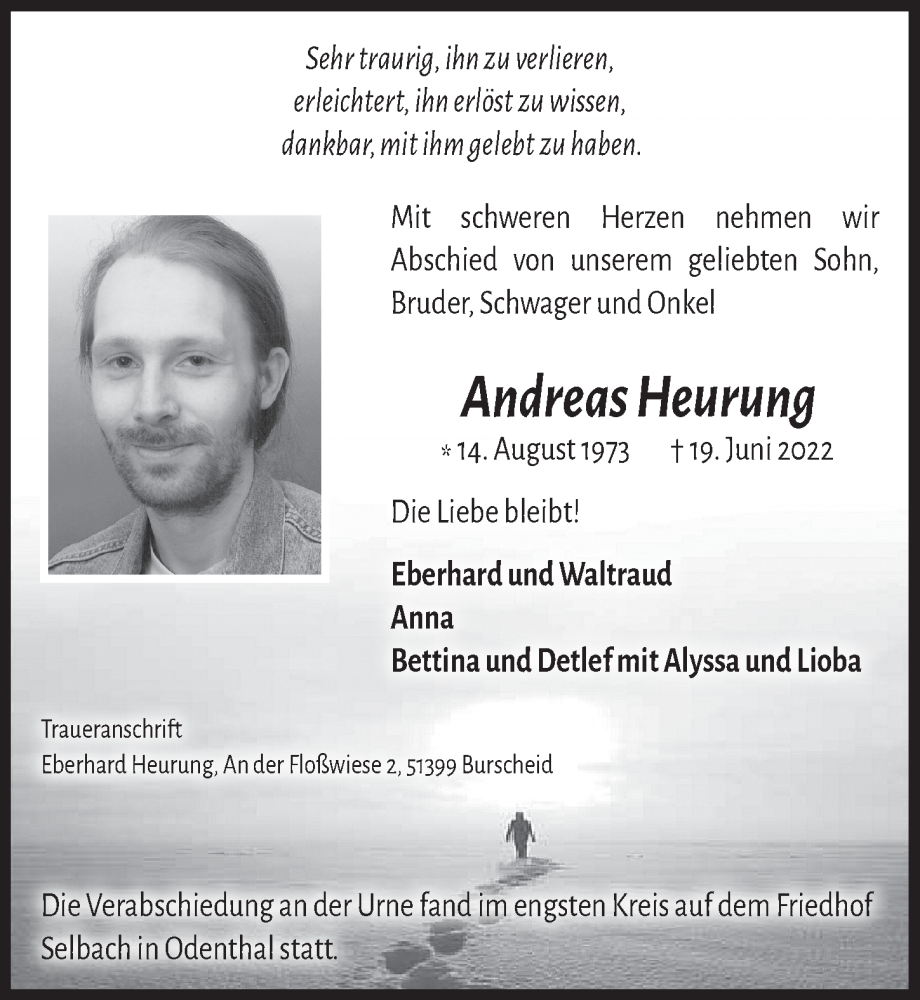  Traueranzeige für Andreas Heurung vom 08.07.2022 aus  Bergisches Handelsblatt 