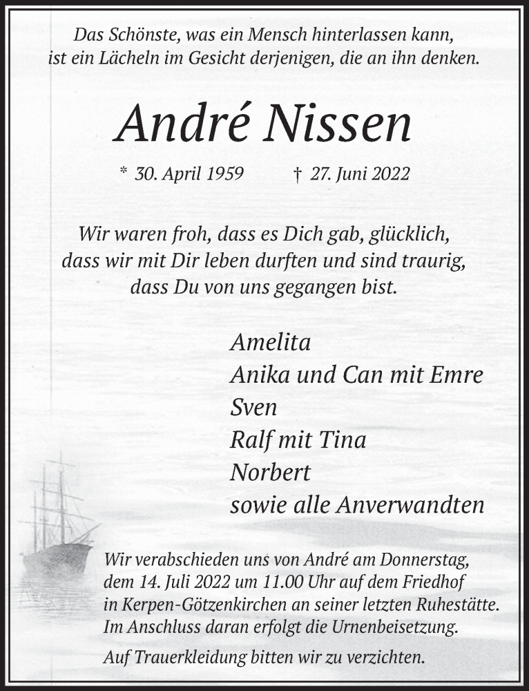  Traueranzeige für André Nissen vom 08.07.2022 aus  Werbepost 