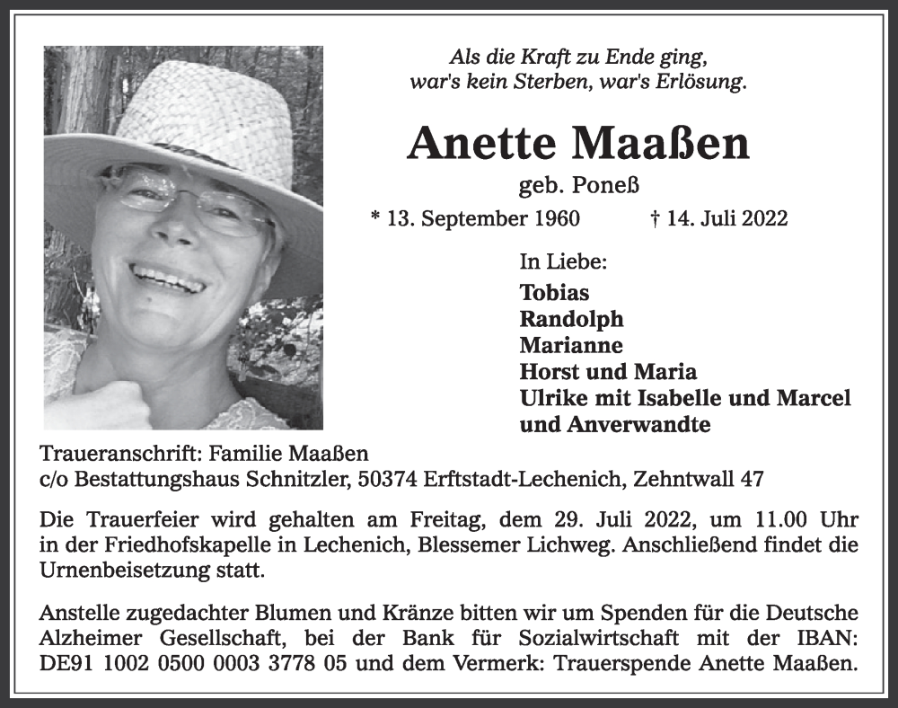  Traueranzeige für Anette Maaßen vom 22.07.2022 aus  Werbepost 