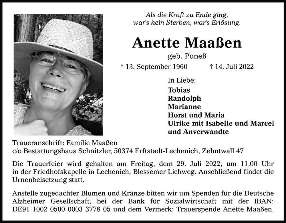  Traueranzeige für Anette Maaßen vom 23.07.2022 aus Kölner Stadt-Anzeiger / Kölnische Rundschau / Express