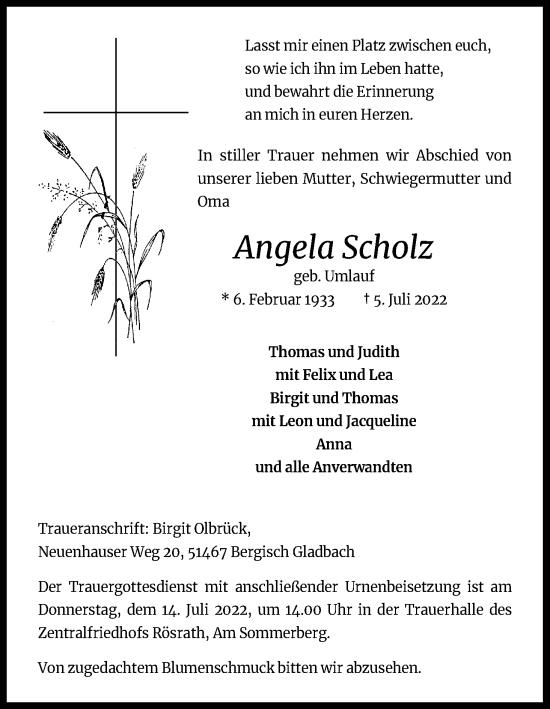 Anzeige von Angela Scholz von Kölner Stadt-Anzeiger / Kölnische Rundschau / Express