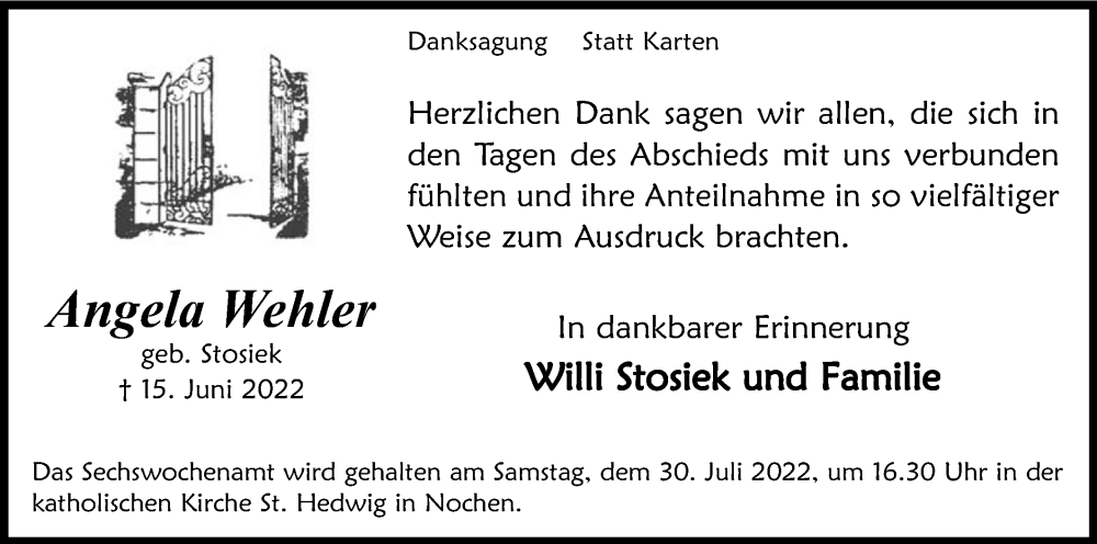  Traueranzeige für Angela Wehler vom 23.07.2022 aus Kölner Stadt-Anzeiger / Kölnische Rundschau / Express
