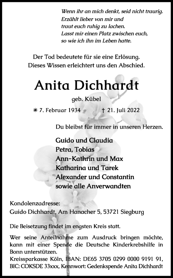Anzeige von Anita Dichhardt von Kölner Stadt-Anzeiger / Kölnische Rundschau / Express