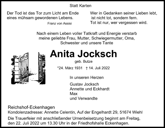 Anzeige von Anita Jocksch von Kölner Stadt-Anzeiger / Kölnische Rundschau / Express