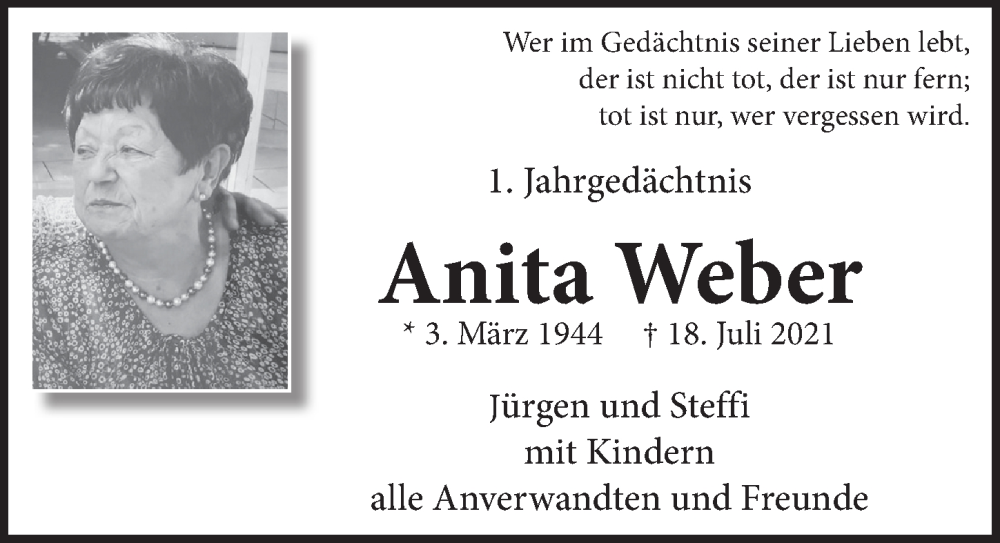  Traueranzeige für Anita Weber vom 22.07.2022 aus  Schlossbote/Werbekurier 