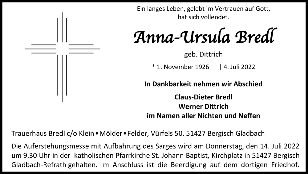  Traueranzeige für Anna-Ursula Bredl vom 09.07.2022 aus Kölner Stadt-Anzeiger / Kölnische Rundschau / Express