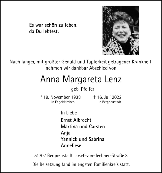 Anzeige von Anna Margareta Lenz von Kölner Stadt-Anzeiger / Kölnische Rundschau / Express